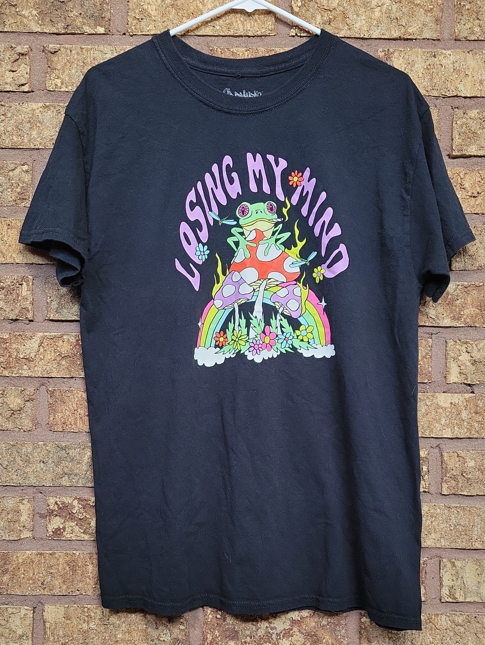 Spencer's Losing My Mind Black Tee with Colorful Frog Rainbow Size L Cotton